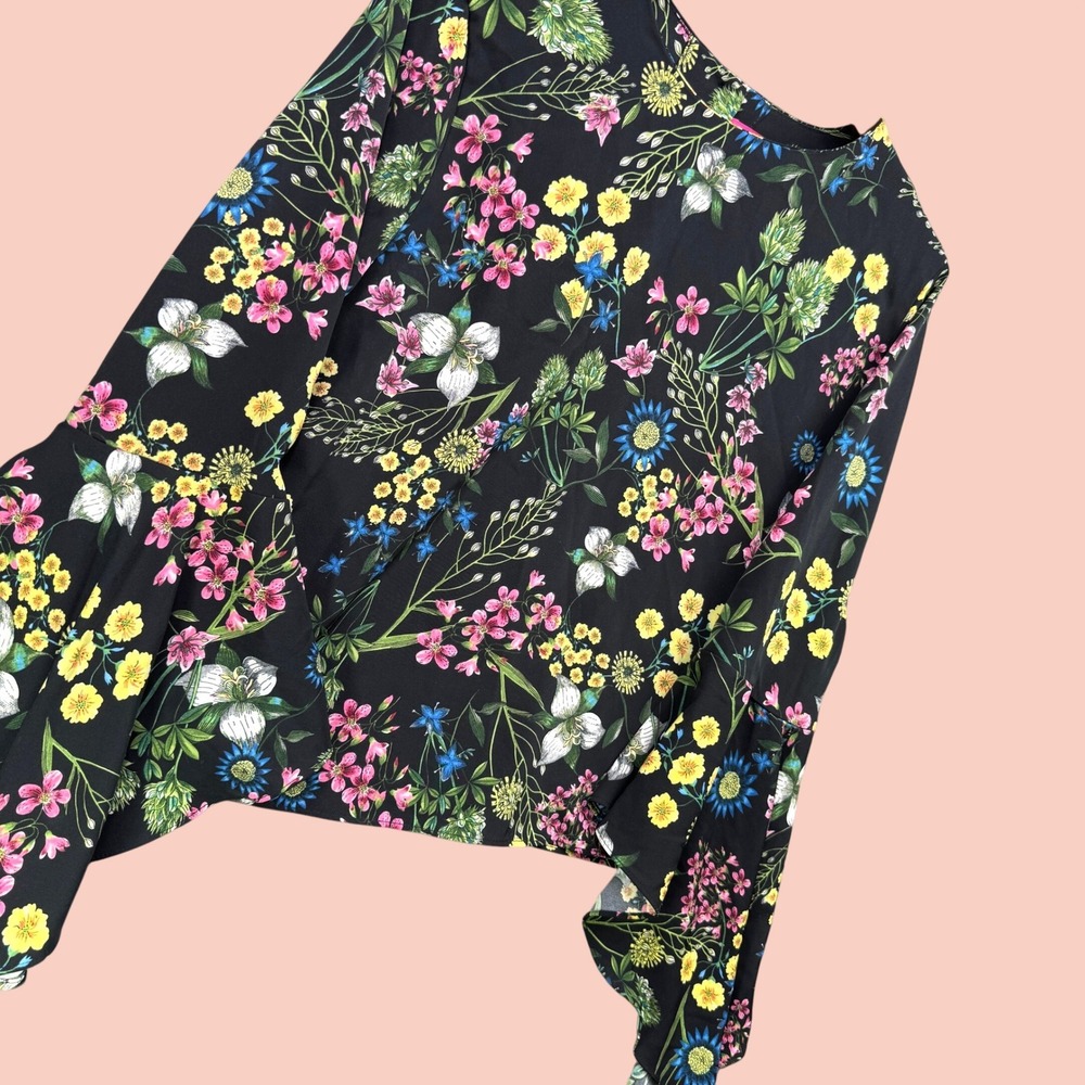Catherine Catherine Malandrino Floral Bell Sleeve Blouse Womens L Black Boho Top